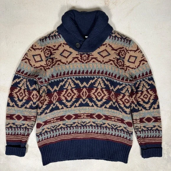 Schott Bros Mens M Wool Blend Shawl Collar Southwestern Fair Isle Sweater Navy - Picture 1 of 5